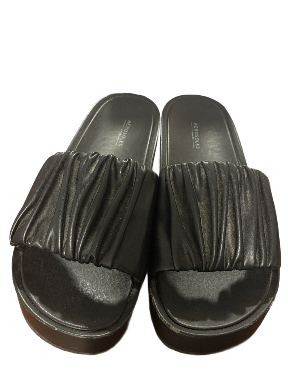 AEROSOLES Black Gathered Strap Slide Sandals